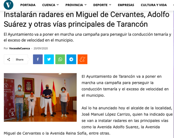 Nota de prensa publicada en VocesdeCuenca anunciando radares en Tarancón